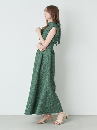 Overshoulder Jacquard Maxi Dress in green, premium women's dress at SNIDEL USA