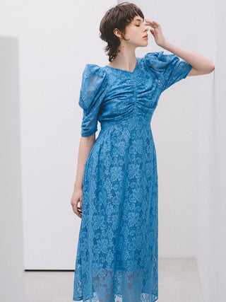  Sustainable Puff Sleeve Lace Dress in blue, premium women's dress at SNIDEL USA