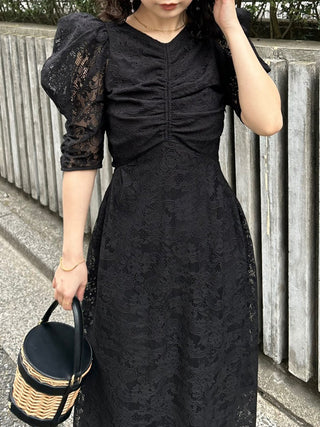 Sustainable Puff Sleeve Lace Dress in black, premium women's dress at SNIDEL USA
