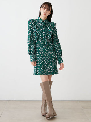 Sustainable Print Ruffle Puff Sleeve Mini Dress in Green, Luxury Women's Dresses at SNIDEL USA