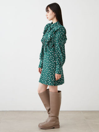 Sustainable Print Ruffle Puff Sleeve Mini Dress in Green, Luxury Women's Dresses at SNIDEL USA