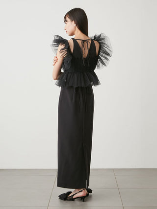 Tulle Bolero Maxi Dress in Black, Luxury Women's Dresses at SNIDEL USA.