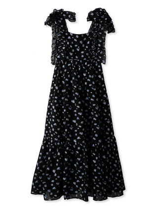 Jacquard Floral Bow Tie Midi Dress in Black, Luxury Women's Dresses at SNIDEL USA.