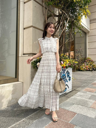 Sustainable Sleeveless Plaid Maxi Dress in Ivory, a Luxury Women's Dresses at SNIDEL USA