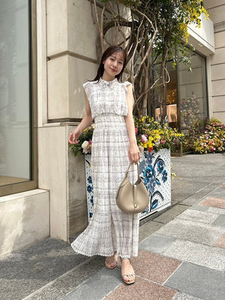 Sustainable Sleeveless Plaid Maxi Dress in Ivory, a Luxury Women's Dresses at SNIDEL USA