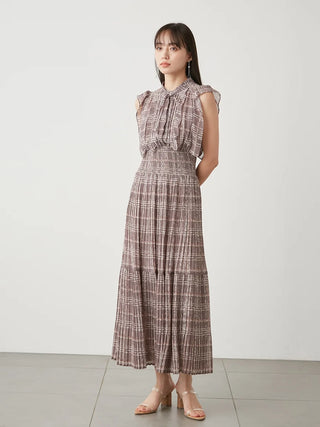 Sustainable Sleeveless Plaid Maxi Dress in Mocha, a Luxury Women's Dresses at SNIDEL USA