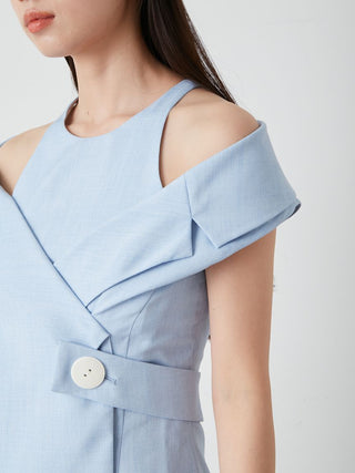 Sleeveless Asymmetrical Wrap Midi Dress in Light Blue at Luxury Women's Dresses at SNIDEL USA
