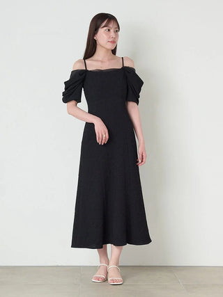 Off-Shoulder Puff Sleeve Midi Dress in Black at Luxury Women's Dresses at SNIDEL USA