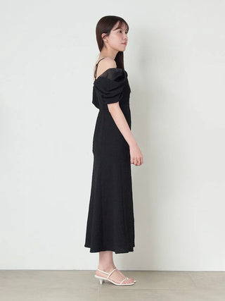 Off-Shoulder Puff Sleeve Midi Dress in Black at Luxury Women's Dresses at SNIDEL USA