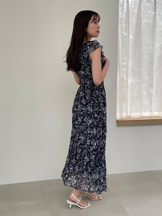 Sustainable Ruffle Smocked Maxi Dress in NAVY, Luxury Women's Dresses at SNIDEL USA.