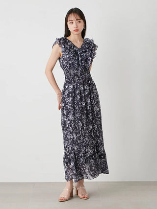 Sustainable Ruffle Smocked Maxi Dress in NAVY, Luxury Women's Dresses at SNIDEL USA.