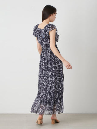 Sustainable Ruffle Smocked Maxi Dress in NAVY, Luxury Women's Dresses at SNIDEL USA.