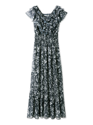 Sustainable Ruffle Smocked Maxi Dress in NAVY, Luxury Women's Dresses at SNIDEL USA.