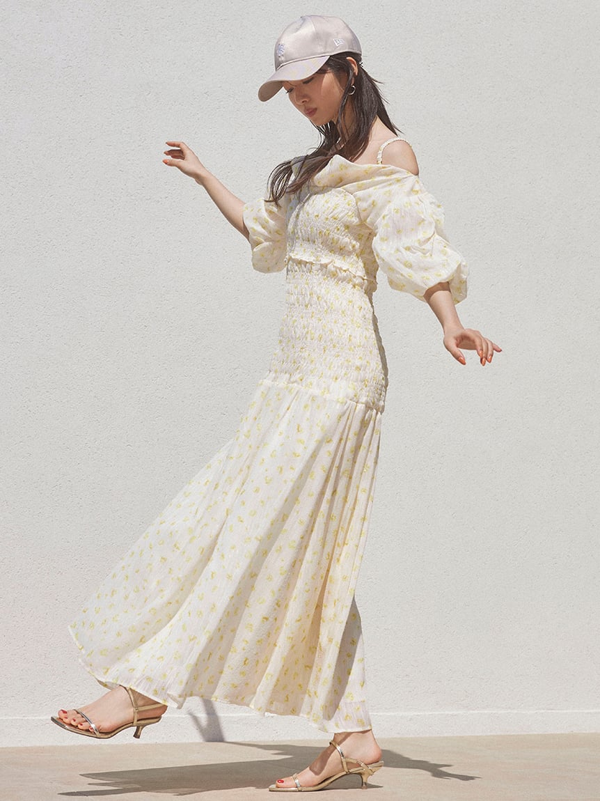 Off-Shoulder Smocked Puff Sleeve Maxi Dress 0(SMALL) / GRAY Off-Shoulder Smocked Puff Sleeve Maxi Dress 0(SMALL) / GRAY