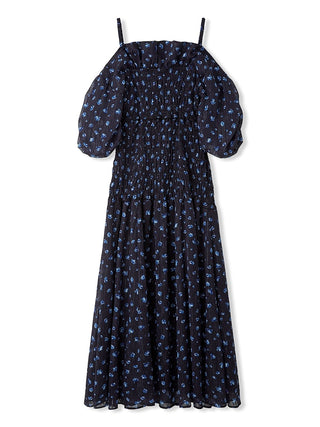 Off-Shoulder Smocked Puff Sleeve Maxi Dress in Navy at Luxury Women's Dresses at SNIDEL USA