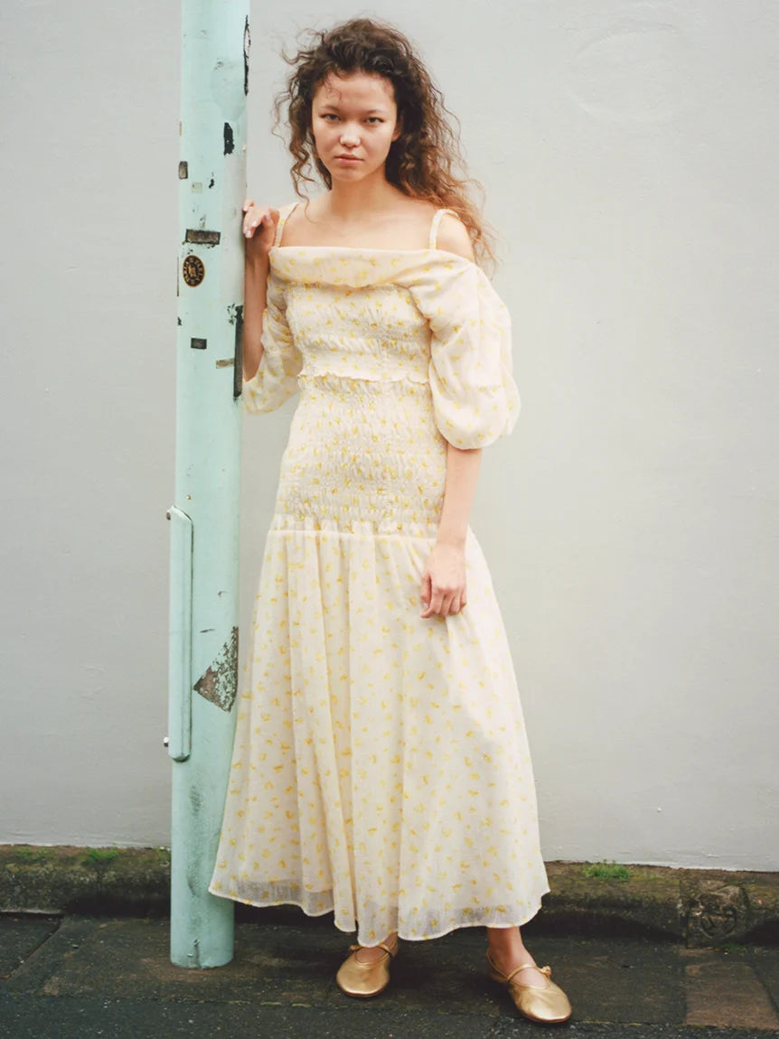 Off-Shoulder Smocked Puff Sleeve Maxi Dress 0(SMALL) / GRAY Off-Shoulder Smocked Puff Sleeve Maxi Dress 0(SMALL) / GRAY