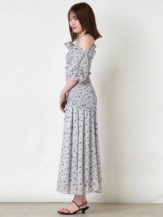 Off-Shoulder Smocked Puff Sleeve Maxi Dress in Gray at Luxury Women's Dresses at SNIDEL USA