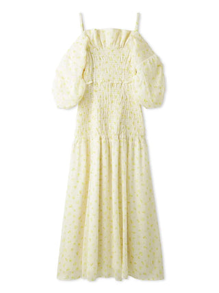 Off-Shoulder Smocked Puff Sleeve Maxi Dress in Yellow at Luxury Women's Dresses at SNIDEL USA