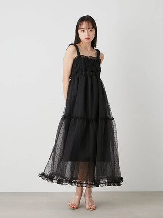 Smocked Tiered Maxi Dress with Ruffle Straps in BLACK, Luxury Women's Dresses at SNIDEL USA.