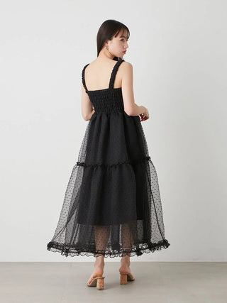 Smocked Tiered Maxi Dress with Ruffle Straps in BLACK, Luxury Women's Dresses at SNIDEL USA.