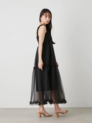 Smocked Tiered Maxi Dress with Ruffle Straps in BLACK, Luxury Women's Dresses at SNIDEL USA.