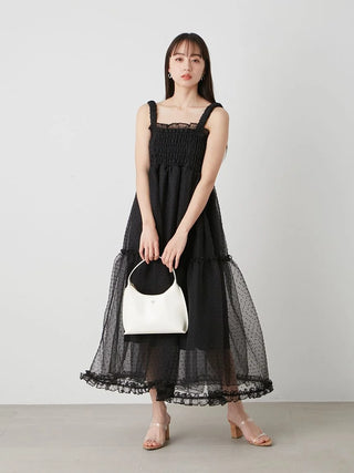 Smocked Tiered Maxi Dress with Ruffle Straps in BLACK, Luxury Women's Dresses at SNIDEL USA.