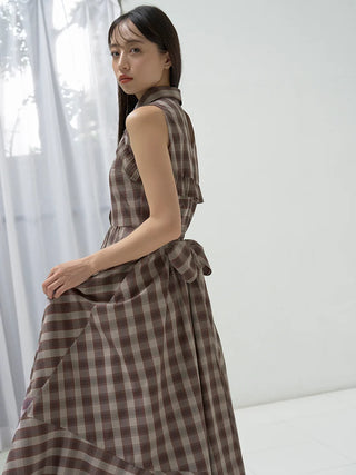 Sleeveless Asymmetrical Button-Down Maxi Dress in Check, Luxury Women's Dresses at SNIDEL USA