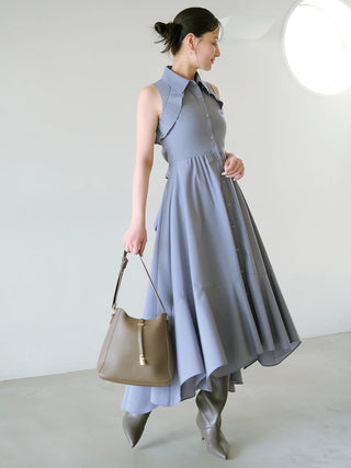 Sleeveless Asymmetrical Button-Down Maxi Dress in Blue, Luxury Women's Dresses at SNIDEL USA