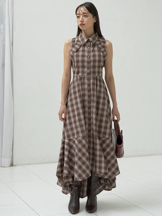 Sleeveless Asymmetrical Button-Down Maxi Dress in Check, Luxury Women's Dresses at SNIDEL USA