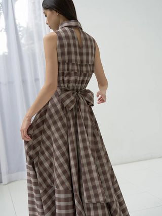 Sleeveless Asymmetrical Button-Down Maxi Dress in Check, Luxury Women's Dresses at SNIDEL USA