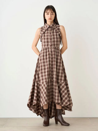 Sleeveless Asymmetrical Button-Down Maxi Dress in Check, Luxury Women's Dresses at SNIDEL USA