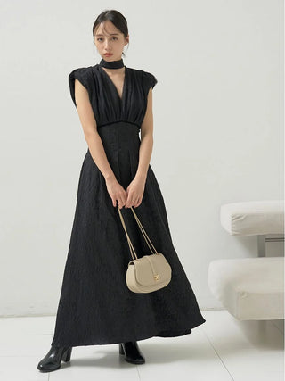 Sleeveless Plunge Neck Maxi Dress in BLACK, Luxury Women's Dresses at SNIDEL USA.