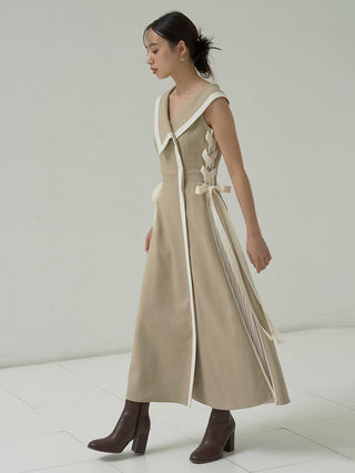 Side Pleated Sleeveless Maxi Dress  with Sailor Collar in Beige, Luxury Women's Dresses at SNIDEL USA