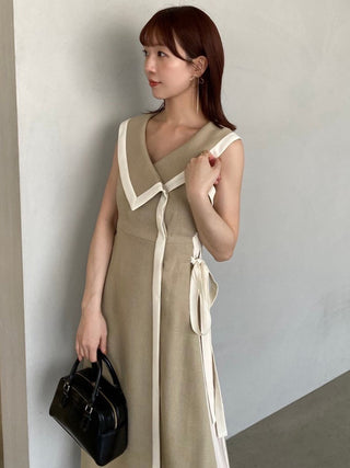 Side Pleated Sleeveless Maxi Dress  with Sailor Collar in Beige, Luxury Women's Dresses at SNIDEL USA