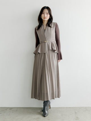 Peplum Belted Vest and Pleated Maxi Skirt Set in GRAY, Premium Women's Fashionable Sets at SNIDEL USA.