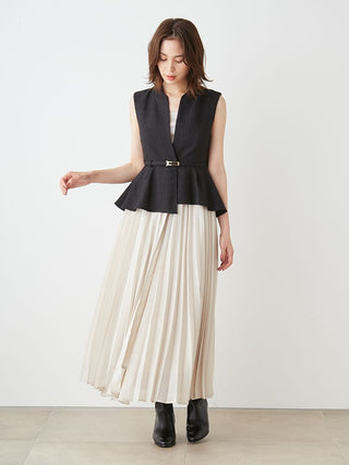 Peplum Belted Vest and Pleated Maxi Skirt Set in BLACK, Premium Women's Fashionable Sets at SNIDEL USA.