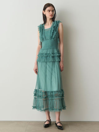 Tiered Smocked Ruffle Sheer Midi Dress in Green, Luxury Women's Dresses at SNIDEL USA