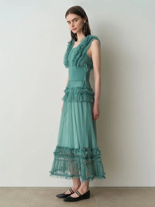 Tiered Smocked Ruffle Sheer Midi Dress in Green, Luxury Women's Dresses at SNIDEL USA