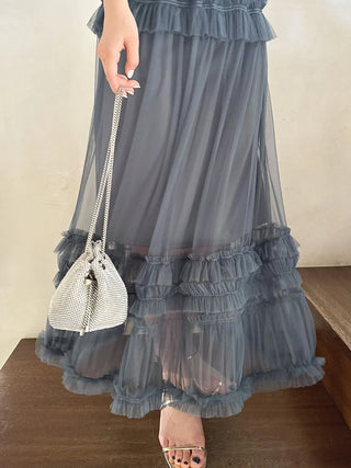 Tiered Smocked Ruffle Sheer Midi Dress 1(MEDIUM) / Dark Blue Tiered Smocked Ruffle Sheer Midi Dress 1(MEDIUM) / Dark Blue