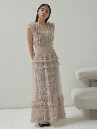 Tiered Smocked Ruffle Sheer Midi Dress in Pink Beige, Luxury Women's Dresses at SNIDEL USA