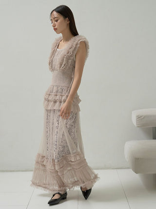 Tiered Smocked Ruffle Sheer Midi Dress in Pink Beige, Luxury Women's Dresses at SNIDEL USA