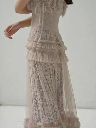 Tiered Smocked Ruffle Sheer Midi Dress in Pink Beige, Luxury Women's Dresses at SNIDEL USA