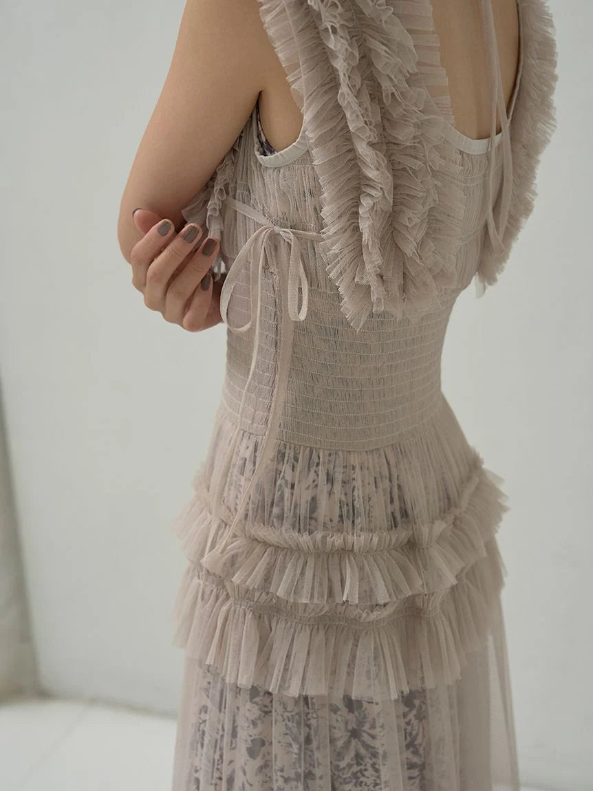 Tiered Smocked Ruffle Sheer Midi Dress SNIDEL Tiered Smocked Ruffle Sheer Midi Dress SNIDEL
