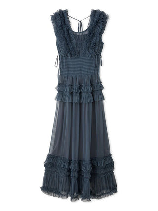 Tiered Smocked Ruffle Sheer Midi Dress in Dark Blue, Luxury Women's Dresses at SNIDEL USA