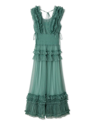 Tiered Smocked Ruffle Sheer Midi Dress in Green, Luxury Women's Dresses at SNIDEL USA