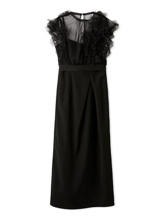 Chic Tulle Accent Satin Long Dress in Black, Luxury Women's Dresses at SNIDEL USA