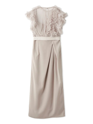 Chic Tulle Accent Satin Long Dress in Gray Beige, Luxury Women's Dresses at SNIDEL USA