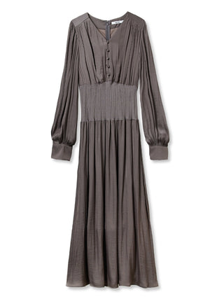 Long Sleeve Smocked Waist Midi Dress in Charcoal Gray, Luxury Women's Dresses at SNIDEL USA