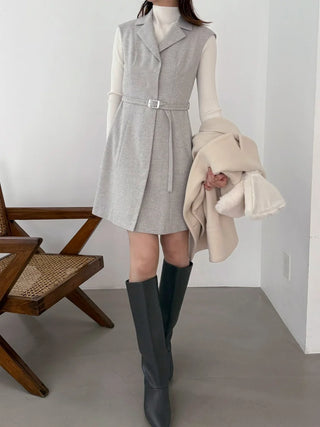 Sleeveless Belted Vest Midi Dress in Gray, Luxury Women's Dresses at SNIDEL USA