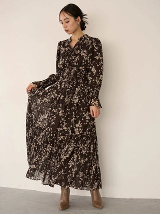 Sustainable Pleated Print Maxi Dress in Brown, Luxury Women's Dresses at SNIDEL USA